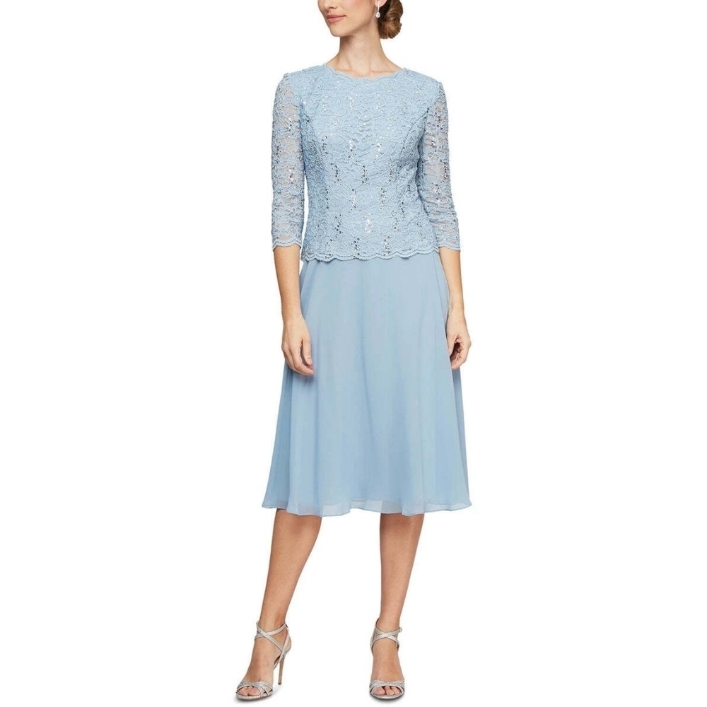 Alex Evenings Tea Length Blue Sequins Chiffon Knee Flowy Bridal Dress Size 8